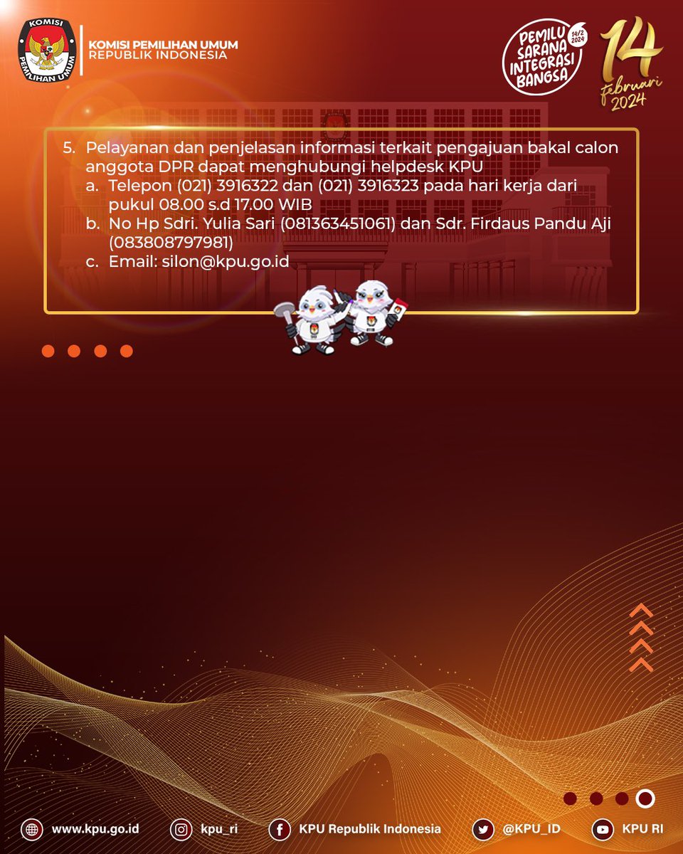 #TemanPemilih, kamu juga perlu tahu inilah Pengumuman Pengajuan Bakal Calon Anggota Dewan Perwakilan Rakyat (DPR) untuk Pemilu Serentak Tahun 2024.

Informasi selengkapnya klik link berikut ini kpu.go.id/berita/baca/11… 

#KPUMelayani
#PemiluSerentak2024