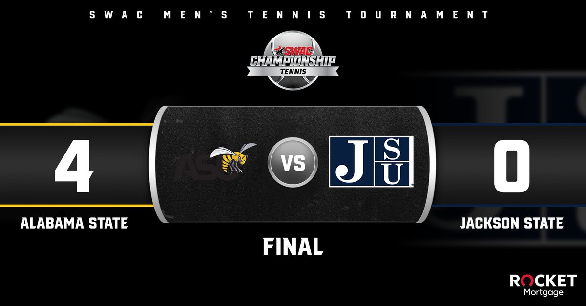 theswac's tweet photo. 2023 SWAC Men’s Tennis Tournament Final Score: Apr. 23 presented by Rocket Mortgage  

#SWACTennis x #SWACChampionship https://t.co/x1suAU79Ji