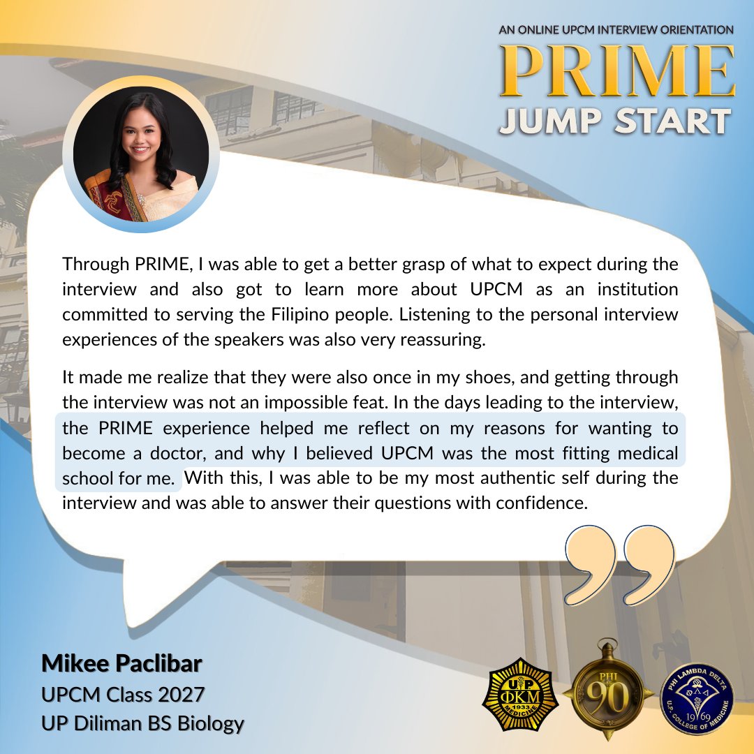 PhiKappaMu's tweet photo. Take a glimpse of how PRIME helped out the students of UPCM 2027!

The Phi Kappa Mu Fraternity and the Phi Lambda Delta Sorority invite you to PRIME: JUMP START on April 29, 2023, Saturday, from 5:30-7:30 pm via Zoom. 

Register at https://t.co/2A7m3OvjeO https://t.co/7EBrbL3f4K