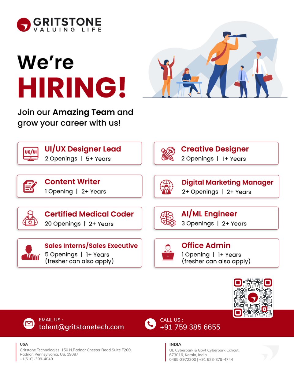 Hiring for various positions.

#hiring #hiringnow #urgentrequirement #gritstonetechnologies #Vaccancies
#calicutjobopening #jobseekers #jobalerts #keralajobs

Click here to apply : gritstonetech.repetor.com/jobopening