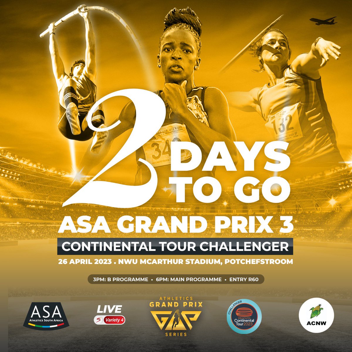 AthleticsSA_'s tweet photo. Tickets Ready? #2daystogo ASA Athletics Grandprix 3! Join us at NWU MCArthur Stadium, Potchefstroom, 26 April 2023 15:00, or catch the action live on Supersport 4 Variety. #Asagrandprix3 https://t.co/GrZVHT49I9