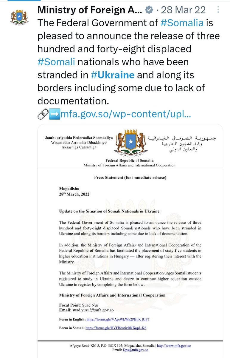 Deee_luul's tweet photo. During President @M_Farmaajo's time in office, @MOFASomalia, led by @4rukun, was able to evacuate all 🇸🇴students who were studying in 🇺🇦. The ministry swiftly arranged alternative universities 4 the students, making 🇸🇴the first African nation to successfully evacuate its citizens https://t.co/81Kw82i6kw