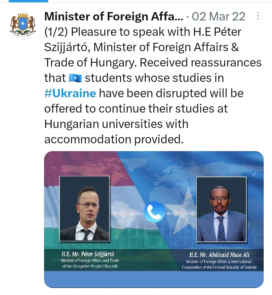Deee_luul's tweet photo. During President @M_Farmaajo's time in office, @MOFASomalia, led by @4rukun, was able to evacuate all 🇸🇴students who were studying in 🇺🇦. The ministry swiftly arranged alternative universities 4 the students, making 🇸🇴the first African nation to successfully evacuate its citizens https://t.co/81Kw82i6kw