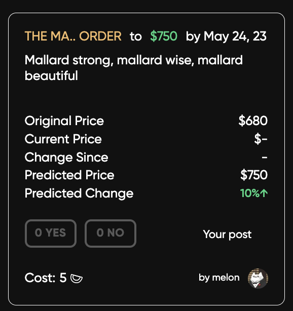 melonaires's tweet photo. We have added #Cardano NFTs to the predictions market, try it out at https://t.co/heEkEWdR1J🍈 https://t.co/mimYawDN2S