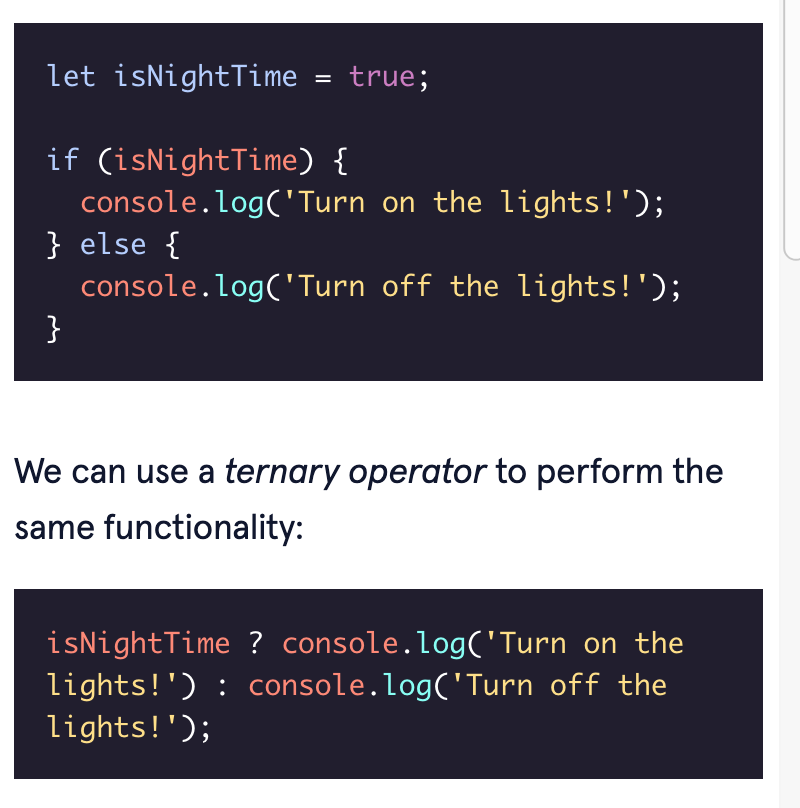 Portfedh's tweet image. Finished the HTML, CSS and JS review from #100Devs.
Finished the conditionals tutorial in #CodeAcademy.
Interesting ways to use truthy values, switch statements and ternary operators.