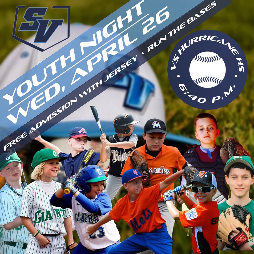 SVHS_WolvesBSBL's tweet photo. You asked. We listened. This Wednesday vs @baseballskins22 is Youth Night with your #ValleyBoys. Free admission when the kids wear a youth league jersey. Run the bases at 6:40 before the game.  We’ll figure out some other special stuff too. First pitch at 7p. #wvprepbase https://t.co/vFytxCFa3z