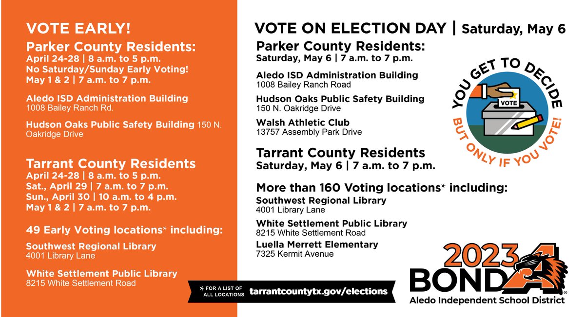 AledoISD's tweet image. Take a look👇at this info &amp;amp; make a plan to VOTE! 🗳Early Voting in the #Aledobond2023 Election starts on Monday (tomorrow!) at 8AM.

𝙔𝙊𝙐 𝙜𝙚𝙩 𝙩𝙤 𝙙𝙚𝙘𝙞𝙙𝙚, 𝙗𝙪𝙩 𝙤𝙣𝙡𝙮 𝙞𝙛 𝙔𝙊𝙐 𝙑𝙊𝙏𝙀!

Bond/Voting info: aledoisd.org/bond

#buildinggreatness #allinaledo