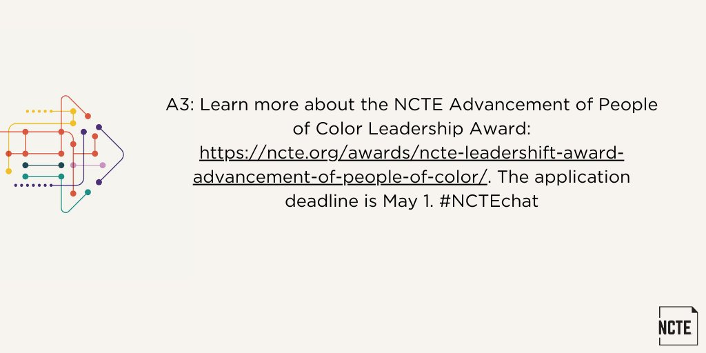 ncte's tweet photo. A3: Learn more about the NCTE Advancement of People of Color Leadership Award:
https://t.co/ohdEglnZyk. The application deadline is May 1. #NCTEchat https://t.co/2ipCEk1t4f