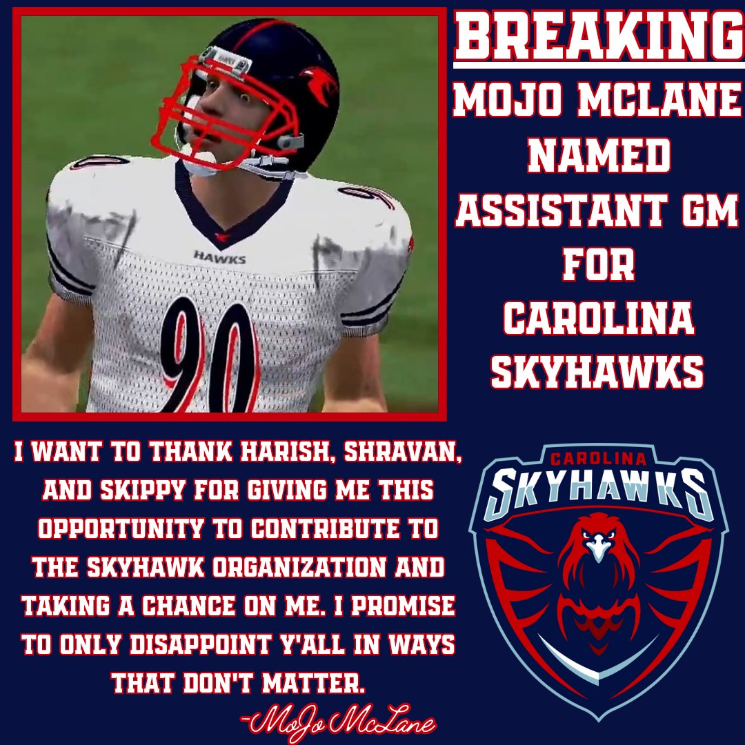 CarolinaSkyhaw1's tweet photo. The #SkyGang is happy to say that we have a brand new AGM to help bring this team into the 4k23 Era of the @simulationfl. @beastmodemojo is finishing up his rookie campaign and we are happy to have him joining our Front Office here in Raleigh. #HawkUp #NoOneOutPizzasTheHawks https://t.co/V2zR2OIgJQ