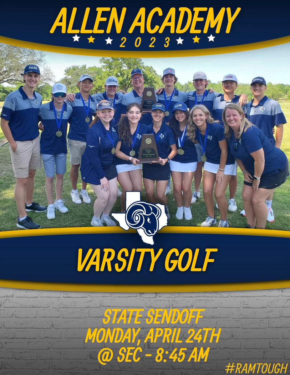 Allen_Athletics's tweet image. 🚨STATE BOUND🚨

Our District Champion Girls &amp;amp; Boys Golf teams are headed to the TAPPS 2A State Tournament! Come by the SEC tomorrow morning for their sendoff to Waco at 8:45 am. 

#RamTough