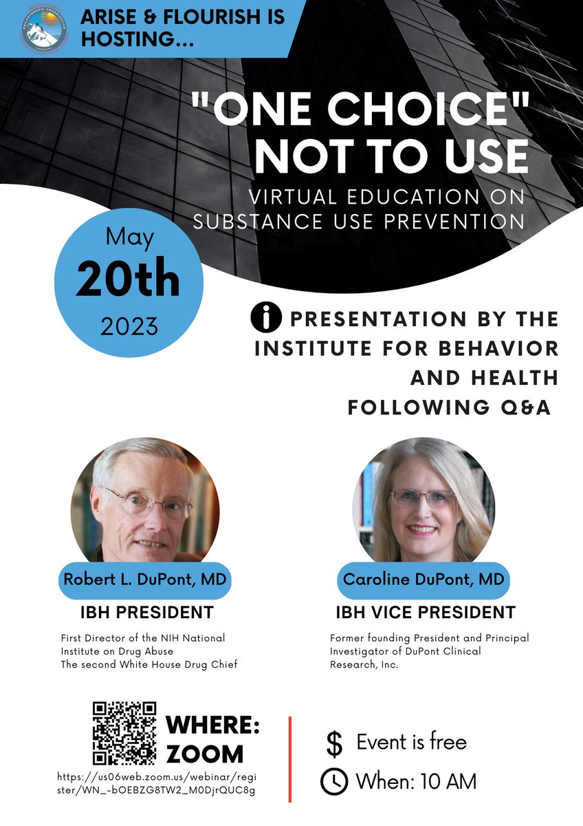 Join Arise and Flourish to learn why SUD (addiction) is a disease that starts in adolescence, negative impacts on mental health, education, and relationships, &amp; how US youth are changing substance use to NON-use + Q&amp;A. May 20th @ 10am FREE Virtual Event. us06web.zoom.us/webinar/regist…
