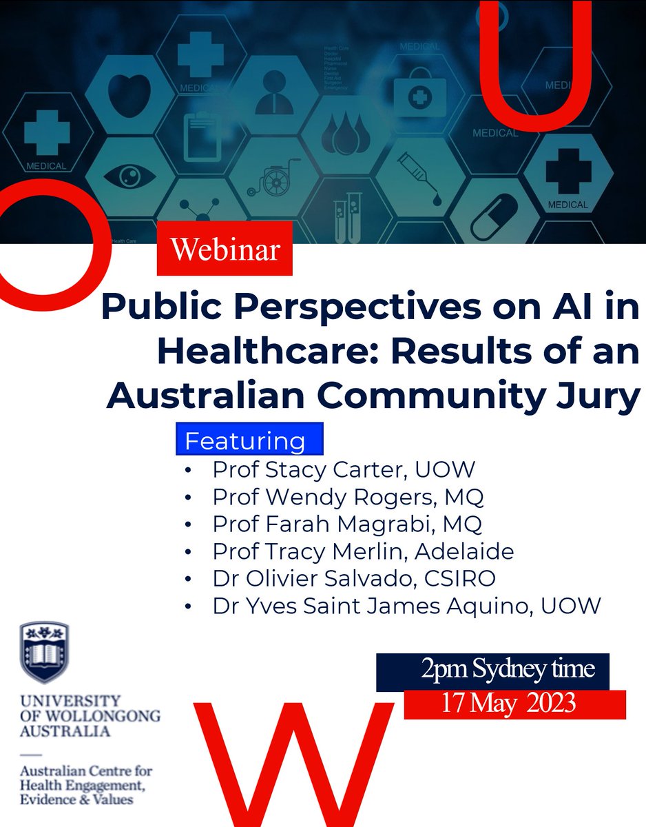 Diagnosing ML: The Algorithm Will See You Now (@diagnosingml) on Twitter photo You are invited to our capstone webinar!
Hear about our findings from a #communityjury about #AI in #healthcare.
Register here: eventbrite.com.au/e/565916269797
<a href="/stacymcarter/">Stacy Carter</a> <a href="/FarahMagrabi/">Farah Magrabi</a> <a href="/yvessj_aquino/">Yves SJ Aquino, MD, PhD</a> #datascience #ethics #ethicalAI #deldem You are invited to our capstone webinar!
Hear about our findings from a #communityjury about #AI in #healthcare.
Register here: eventbrite.com.au/e/565916269797
<a href="/stacymcarter/">Stacy Carter</a> <a href="/FarahMagrabi/">Farah Magrabi</a> <a href="/yvessj_aquino/">Yves SJ Aquino, MD, PhD</a> #datascience #ethics #ethicalAI #deldem
