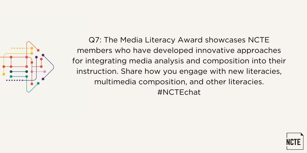 ncte's tweet photo. Q7: The Media Literacy Award showcases NCTE members who have developed innovative approaches for integrating media analysis and composition into their instruction. Share how you engage with new literacies, multimedia composition, and other literacies. #NCTEchat https://t.co/clANHdRia0