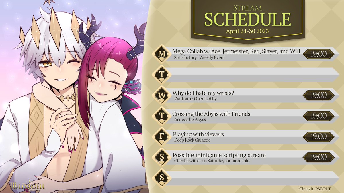 Illuxiem's tweet photo. This weeks schedule, friday is first come first serve!
#Luxstream https://t.co/tGayIwMJD0