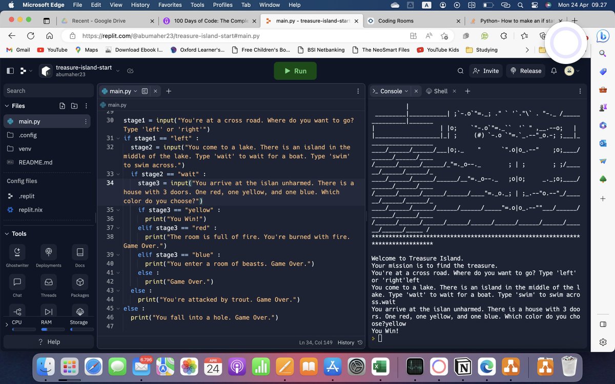 abumaher101's tweet photo. Day 3 of 100 days of python
Control Flow and Logical Operators
material:
- Conditional operator
- Modulo operator
- If statement
Day3 project: Treasure Island
I follow 100 Days Of Python in Udemy
#100daysofpython #python #udemy #programming #logicaloperator #ifstatement https://t.co/lJPWQrxoUD
