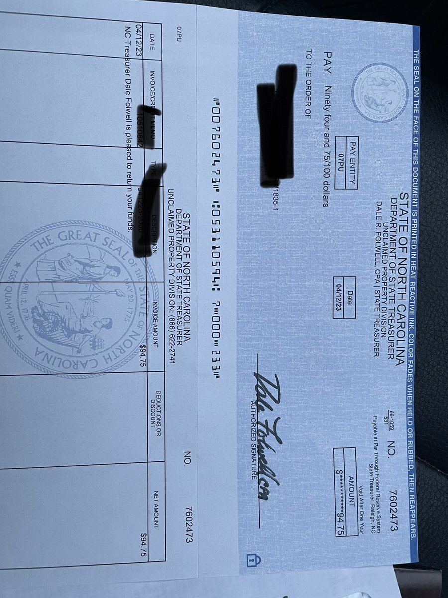 Recd letter from <a href="/DaleFolwell/">Dale Folwell, CPA for NC Governor</a> informing me I would receive a ck for unclaimed $$.  Got the ck! Go to nccash.com and U may be surprised they have $$ or property owed to you.