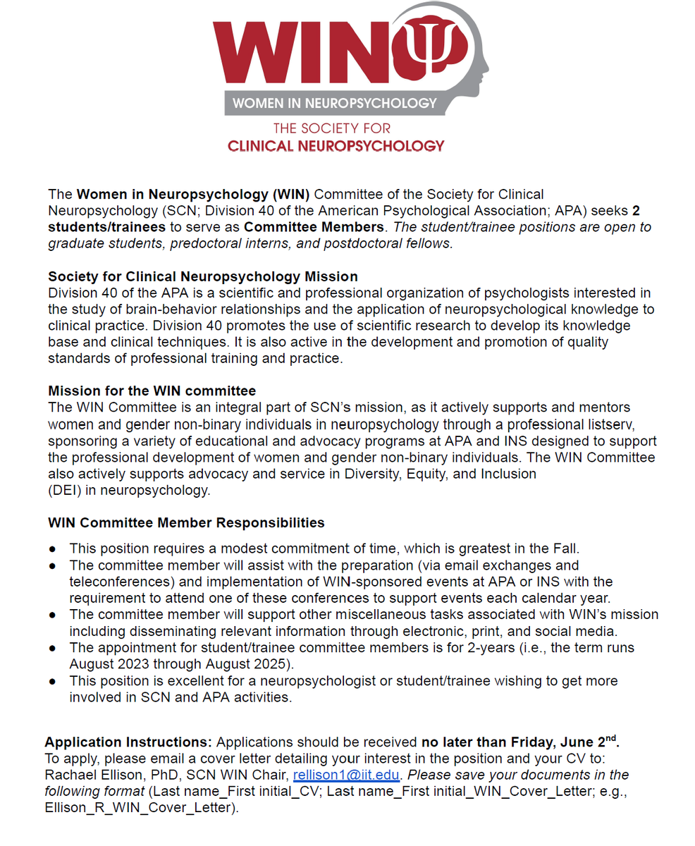 SCN_WIN's tweet photo. We're seeking 2 students/trainees to serve on our committee! Deadline is 6/2! Please send inquiries to ⁦@DrEllison16⁩. Email &amp; application instructions👇

@Div40ANST @APADivision40 @SoBlackNeuro @HispanicNS @AsianNeuropsych @QueerNeuroPsych @New2Neuropsych @ins_slc https://t.co/QnxOYDp7PS
