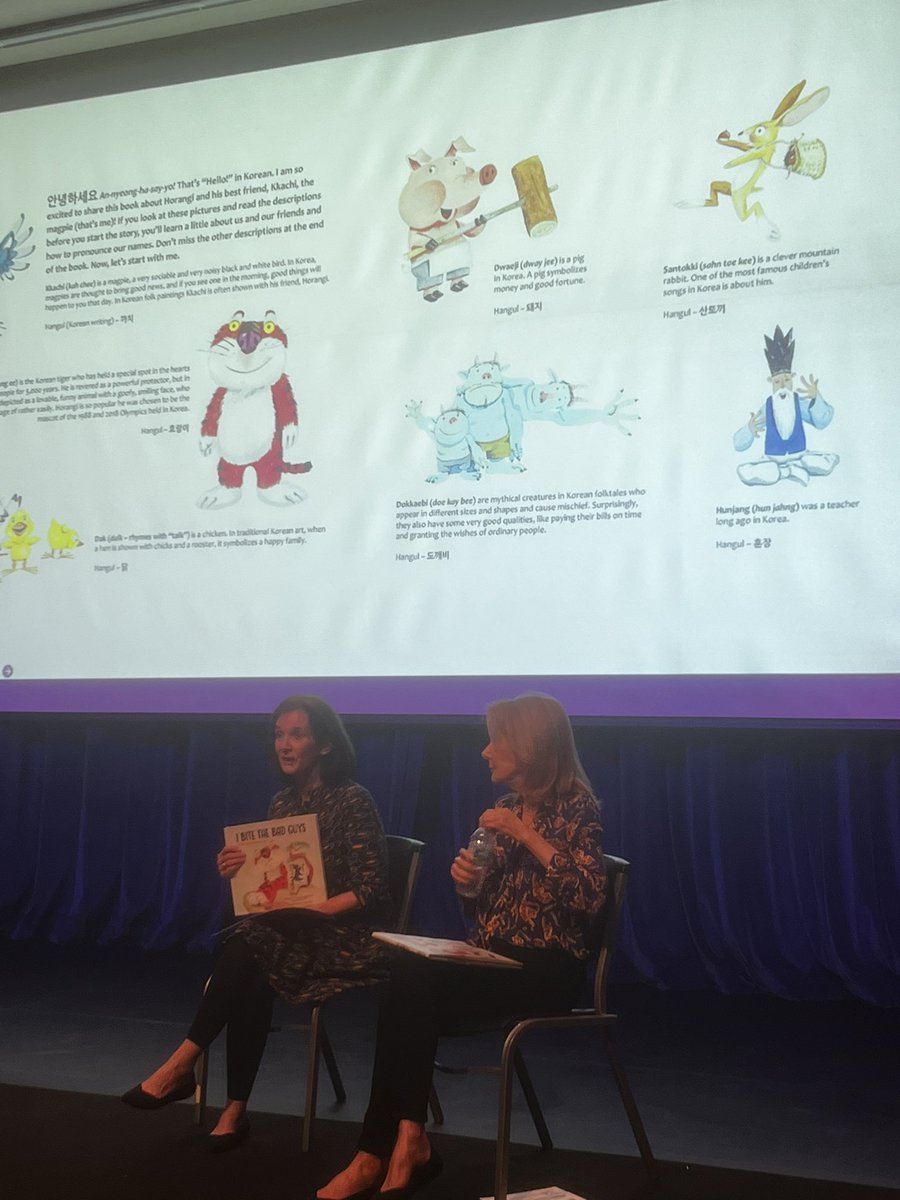 emcslack's tweet photo. We loved meeting the authors MaryJo Glover and Debbi Kent as they shared their book ‘I bite the bad guys’ which is all about Horangi and Kkachi, the beloved Korean folk tale characters! @SFBritishSchool https://t.co/UK3XP4M5ZA