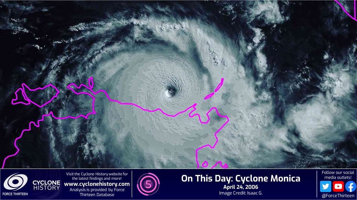 #OTD in 2006, #CycloneMonica tore through the #NorthernTerritories of #Australia as one of the most powerful #cyclones ever recorded in the Southern Hemisphere. 

@ForceThirteen has analyzed its peak as being at least 180mph/897hPa, perhaps reaching as high as 190mph.
