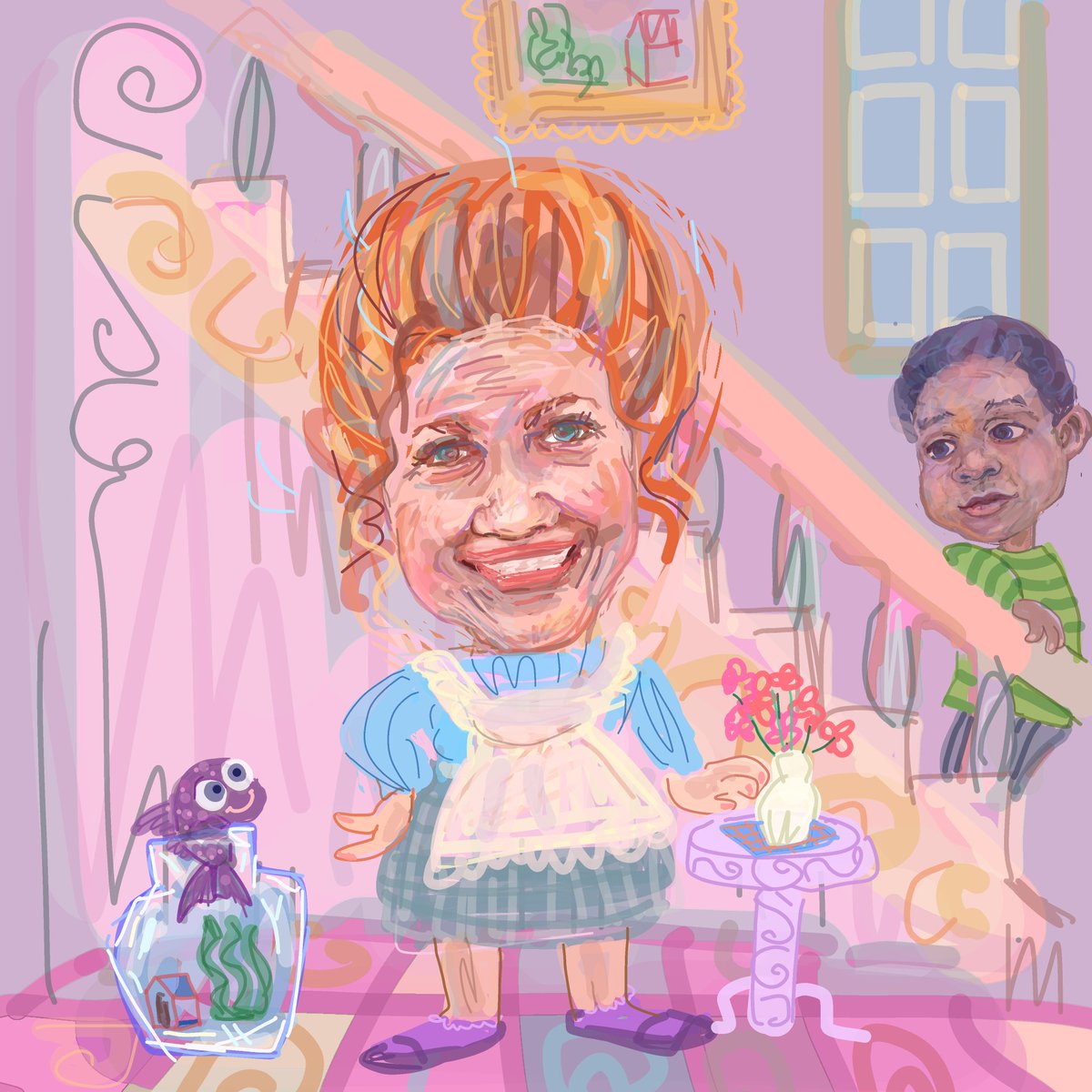#シャーロット・レイ。
#4月22日 が生誕日。

80sにヒットした
【#アーノルド坊やは人気者】にて
陽気な初代お手伝い
ギャレット夫人を演じた。

主役の子供たちを支える
ユーモラスで快活なキャラは
好評を博し
スピンオフが出来る程

#illustration
#イラスト
#CharllotteRae 
 #DiffrentStrokes