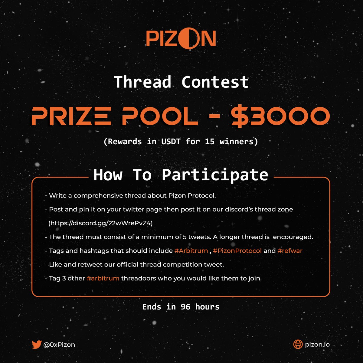0xPizon's tweet image. NOTICE OF PIZON'S THREAD CONTEST  

When the product is ready, it's time to make it known to the world, and we encourage community participation! 

Take part in our thread contest and stand a chance to win prizes worth $3000.  

Timeline: in 96 hours from 8AM UTC April 24