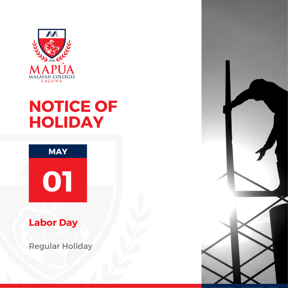 walangpasok's tweet photo. ADVISORY: May 1, 2023 (Monday) is a declared Regular Holiday in line with the celebration of Labor Day.

All offices at Mapúa MCL will be closed. #WalangPasok  -@MapuaMCL (https://t.co/nhjoRIeRXr)