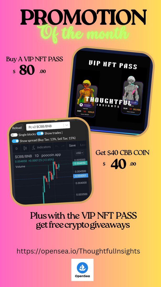 ThoughtfulIns's tweet photo. @nftcody_3 
For you followers 👇
Promo of the Month 🎉🎉
Buy VIP NFT PASS ✅ @opensea
Send proof of your Pass ✅
Send your #BNB    address ✅
Receive $40 of CBB COIN ✅
Let's pump this project 🚀🚀🚀
Buy your VIP NFT PASS here 👇
https://t.co/D1PNbna3zY…
#NFTs #memecoin https://t.co/0lKTx0eJdK