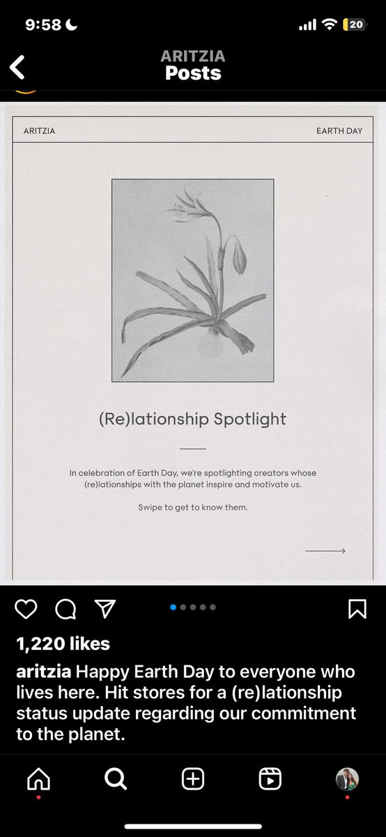 avadecesare's tweet photo. @blairadowler Aritzia recently made a post on Instagram about Earth Day. They made it a point to show their followers how much they value our planet. What caught my eye was that they invited their followers to join them in store to learn more about their commitment to the planet. #mktg475 https://t.co/T0OpOUPhup