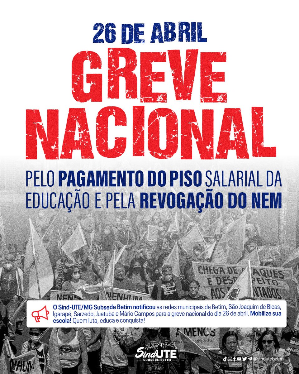 sindutebetim's tweet photo. 🚨 DIA 26 DE ABRIL: GREVE NACIONAL PELO PAGAMENTO DO PISO SALARIAL DA EDUCAÇÃO E PELA REVOGAÇÃO DO NEM! ✊🏾
#PisoSalarialDaEducação #Greve #GreveDaEducação #GreveNacional #Quemlutaeduca https://t.co/WuvEakFUYI