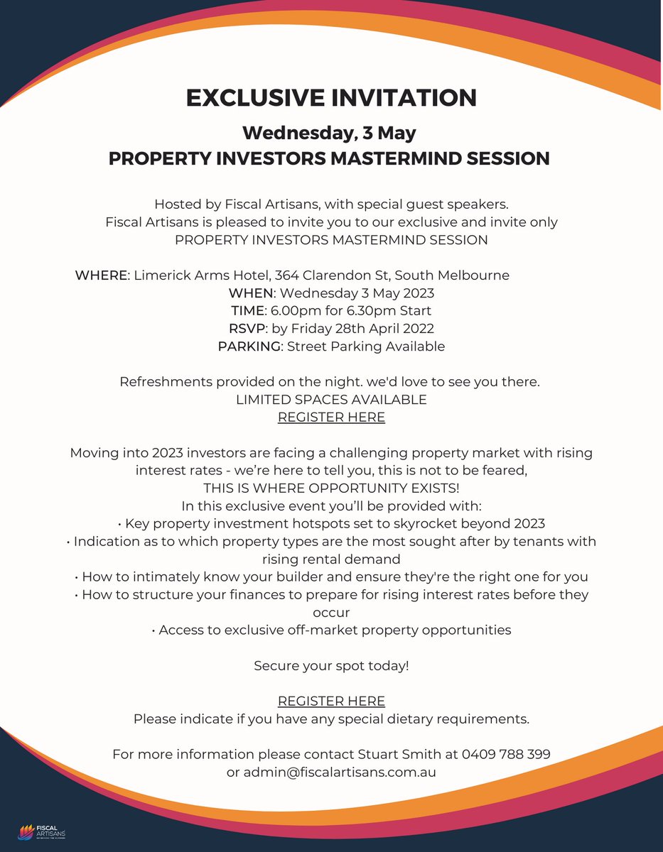 Property Investors Mastermind Session - Limited Spots Remain! - fiscalartisans.com.au/2023/04/11/pro… Are you looking to make your money work for you and secure your financial future? Are you looking for ways to eliminate your home mortgage - and build up your portfolio for your retirement?