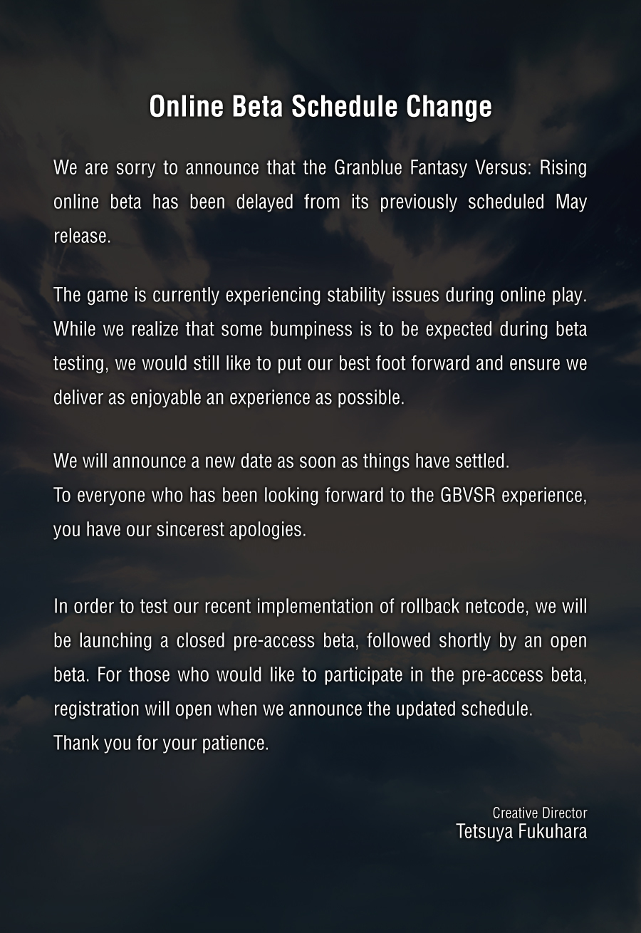 GBVS/Granblue Fantasy Versus on X: An Update on the Online Beta The GBVSR  online beta has been delayed from its previously scheduled May 2023  release. We realize our community must be as