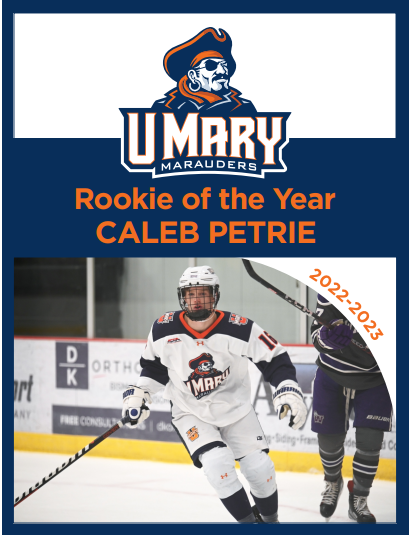 UMaryMHockey's tweet photo. The 2022-23 Rookie of the Year award goes to the 1st year player who performed most consistently over the course of the season. This years award was presented to Caleb Petrie, Fr, Bismarck, ND. https://t.co/wm1eCwSdTf