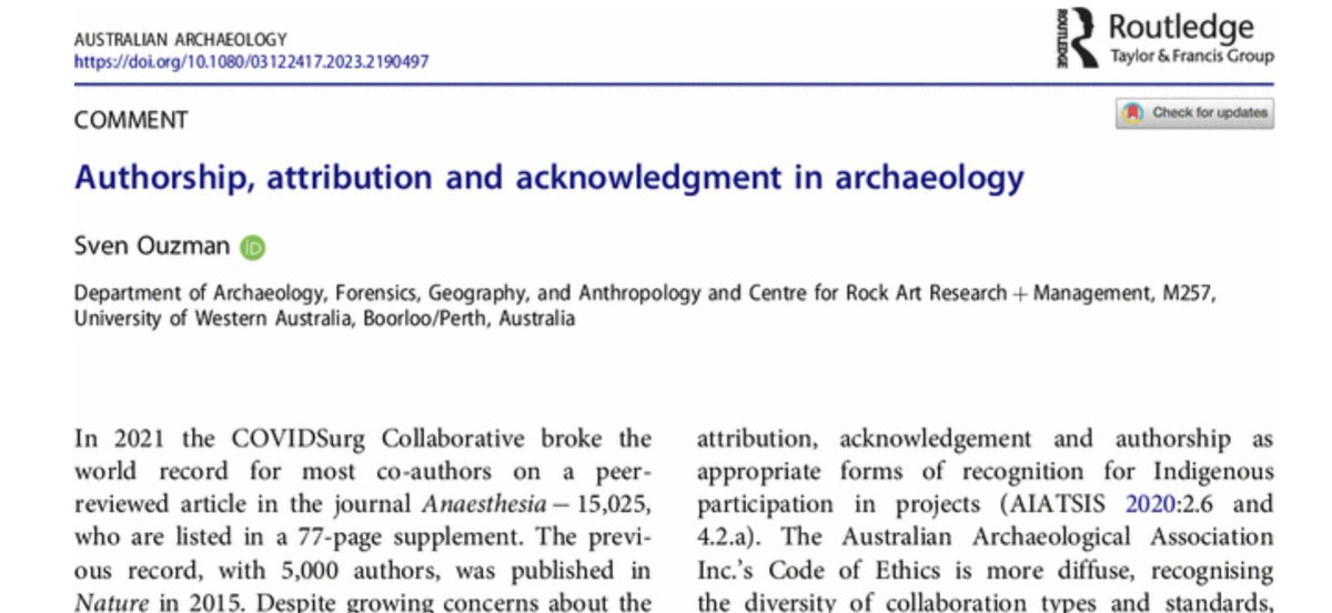 Australian Archaeology (@austarchj) on Twitter photo How can we tackle the ethical issues around authorship and attribution in archaeology? Our latest forum on the topic is out now.
Download Ouzmanās original piece and the responses here: ow.ly/PiCS50NQ2BI
<a href="/AustArchaeology/">AustArchAssoc</a> #Archaeology How can we tackle the ethical issues around authorship and attribution in archaeology? Our latest forum on the topic is out now.
Download Ouzmanās original piece and the responses here: ow.ly/PiCS50NQ2BI
<a href="/AustArchaeology/">AustArchAssoc</a> #Archaeology
