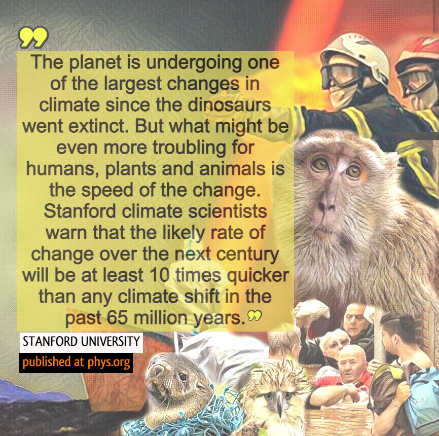 CodeRedEarth's tweet image. #ClimateEmergency 
SPEED OF CHANGE
Stanford climate scientists warn the change over the next century will be AT LEAST 10 times quicker than any climate shift in the past 65 MILLION years.
#UniteToSurvive #TheBigOne