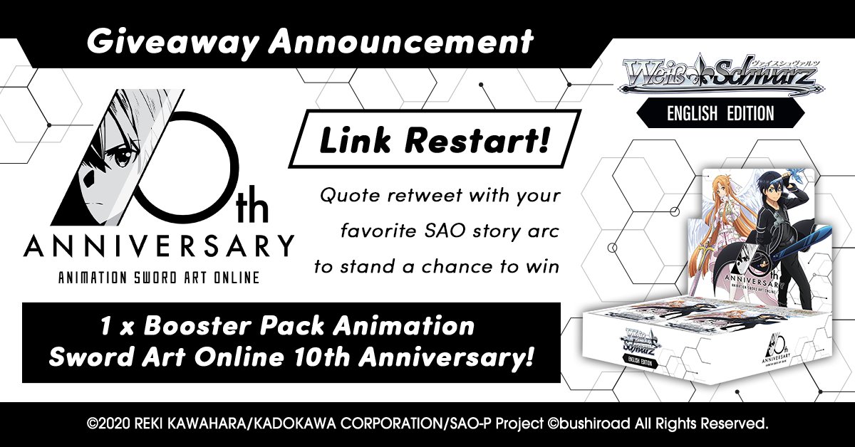 weissschwarz_en's tweet photo. 🎁 Giveaway! 🎁

Dive back into the many worlds of Sword Art Online for their 10th Anniversary on the stage of Weiẞ Schwarz! ⚔️

Quote retweet and let us know which is your favorite story arc from Sword Art Online!

🔗 https://t.co/VRSlqj2y9Y

#WeissSchwarz #TCG #swordartonline https://t.co/Ro2TSEbQn3