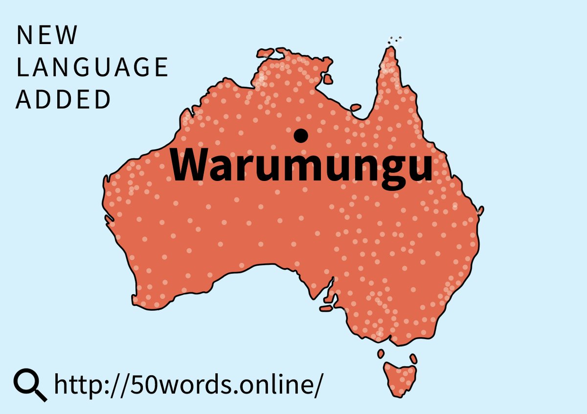 indiglang's tweet image. ✨Warumungu✨ is the latest addition to the 50 Words map! It&apos;s a language from the Pama Nyungan language from the Northern Territory. Thank you to speaker Sandra Morrison!
Listen ➡️ 50words.online 

#IndigenousLanguage @ArtsUnimelb @IKI_Unimelb