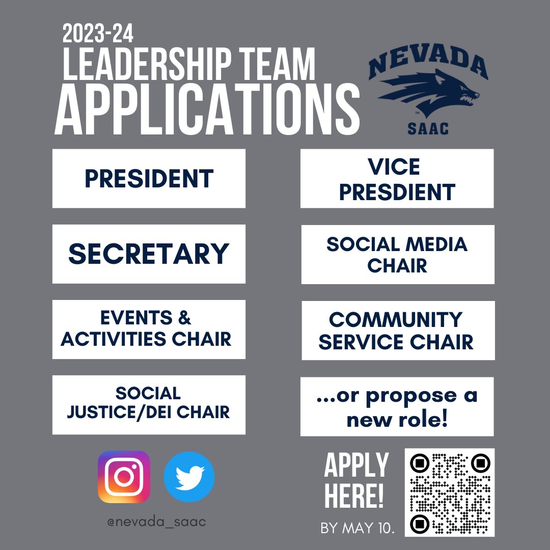 Nevada_SAAC's tweet photo. 🚨2023-24 SAAC LEADERSHIP TEAM APPLICATIONS NOW OPEN! 🚨
•
Looking to build your resume &amp; take on a leadership role within SAAC? Now is your chance! Apps are now live - use the QR code to apply! 🐺
•
[Position descriptions can be found on the SAAC IG] https://t.co/D4oaxCQpwG