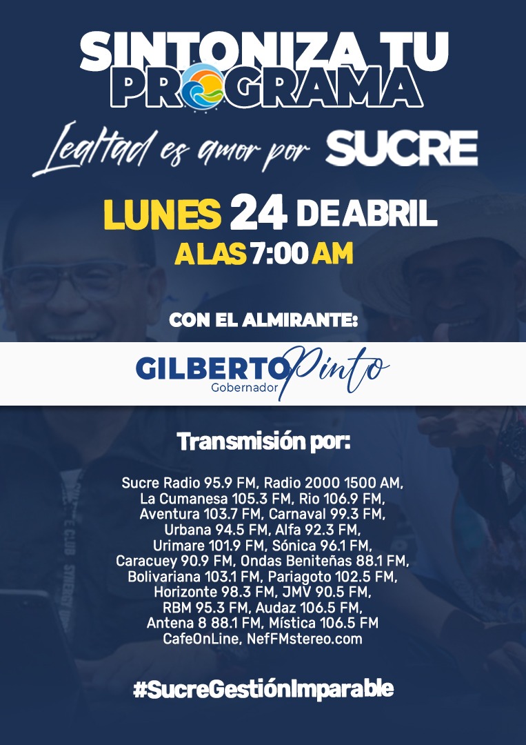 SucreGobierno's tweet photo. Este lunes #24Abr no puedes dejar de sintonizar tu programa Lealtad es Amor por Sucre, moderado por el gobernador Almte. @GPintoVzla

A partir de las 7:00 a.m. y transmitido por la red de emisoras regionales. 

#SucreGestiónImparable 
#ALBAUniónDeportiva https://t.co/PQCReInh1d