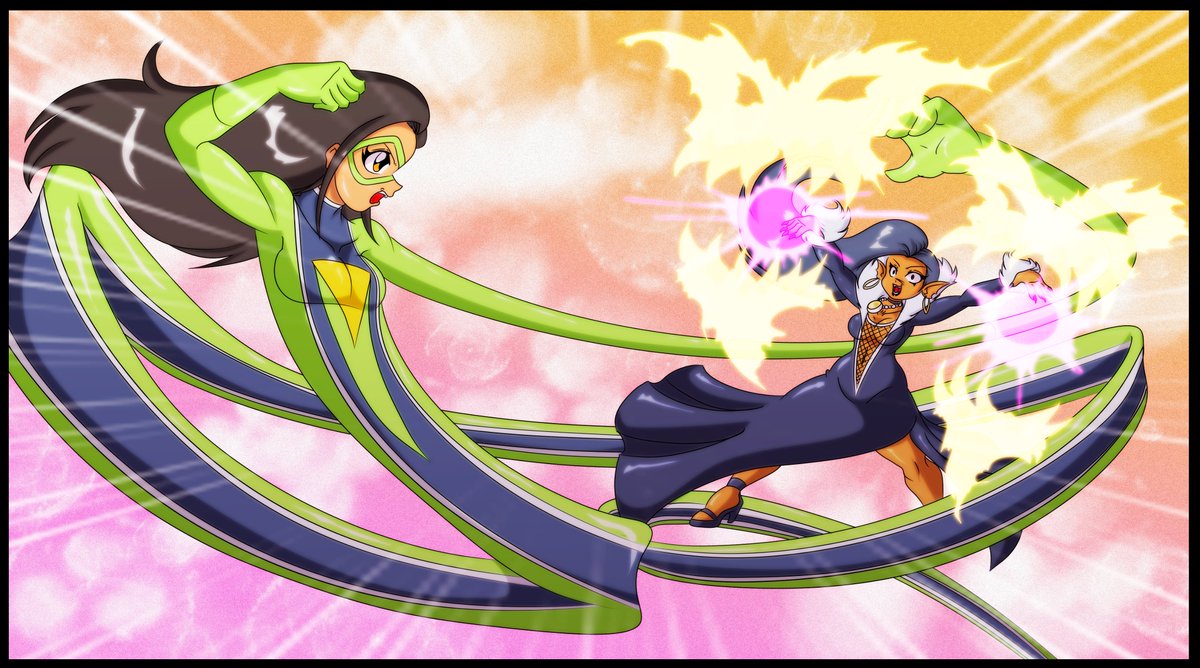 An art trade for Kingmastamilla in DA
The elastic heroine Tiana faces the evil witch Vera in a fierce battle
Elastic powers vs magic
Who will win?

Tiana and Vera are oc of Kingmastamilla
