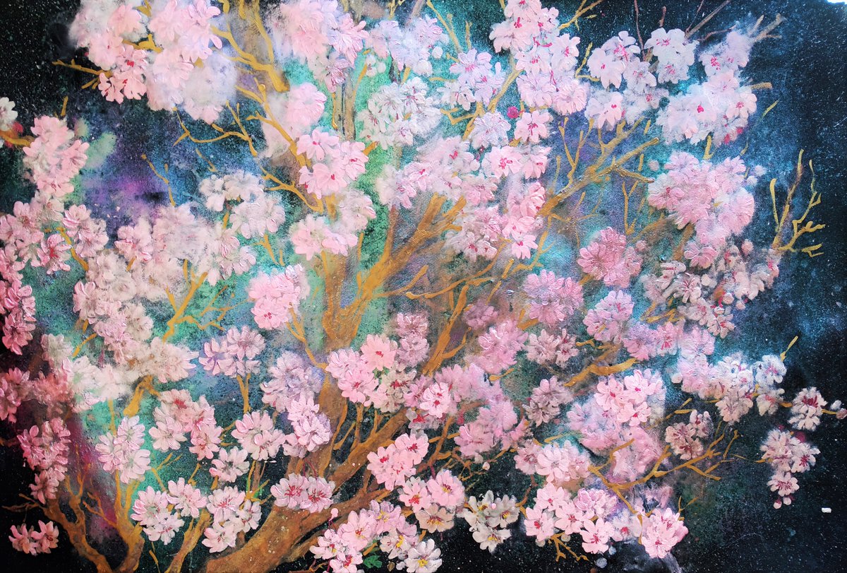 Petal Storm
Watercolor on Black Cotton Paper
2023, 44"x 30"
Pink Cherry Blossoms
 etsy.me/3H401OT via <a href="/Etsy/">Etsy</a> 
#art #painting #spring #floralskullcarseatcover
