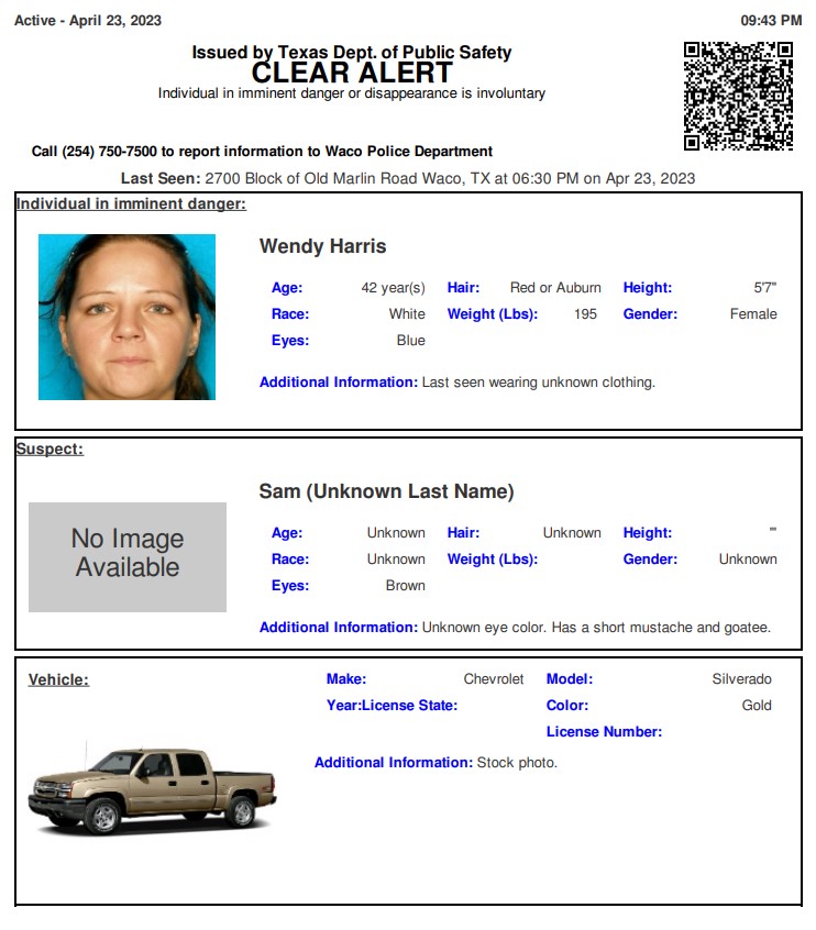 TX_Alerts's tweet photo. ACTIVE MISSING ADULT ALERT for Wendy Harris from Waco, TX, on 04/23/2023 https://t.co/aizTtCnSA5