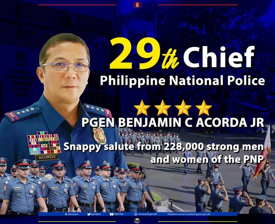 Congratulations to the 29th Chief of the Philippine National Police, PGen Benjamin C Acorda Jr. 

pnp.gov.ph
x.com/pnppio
youtube.com/pnppio