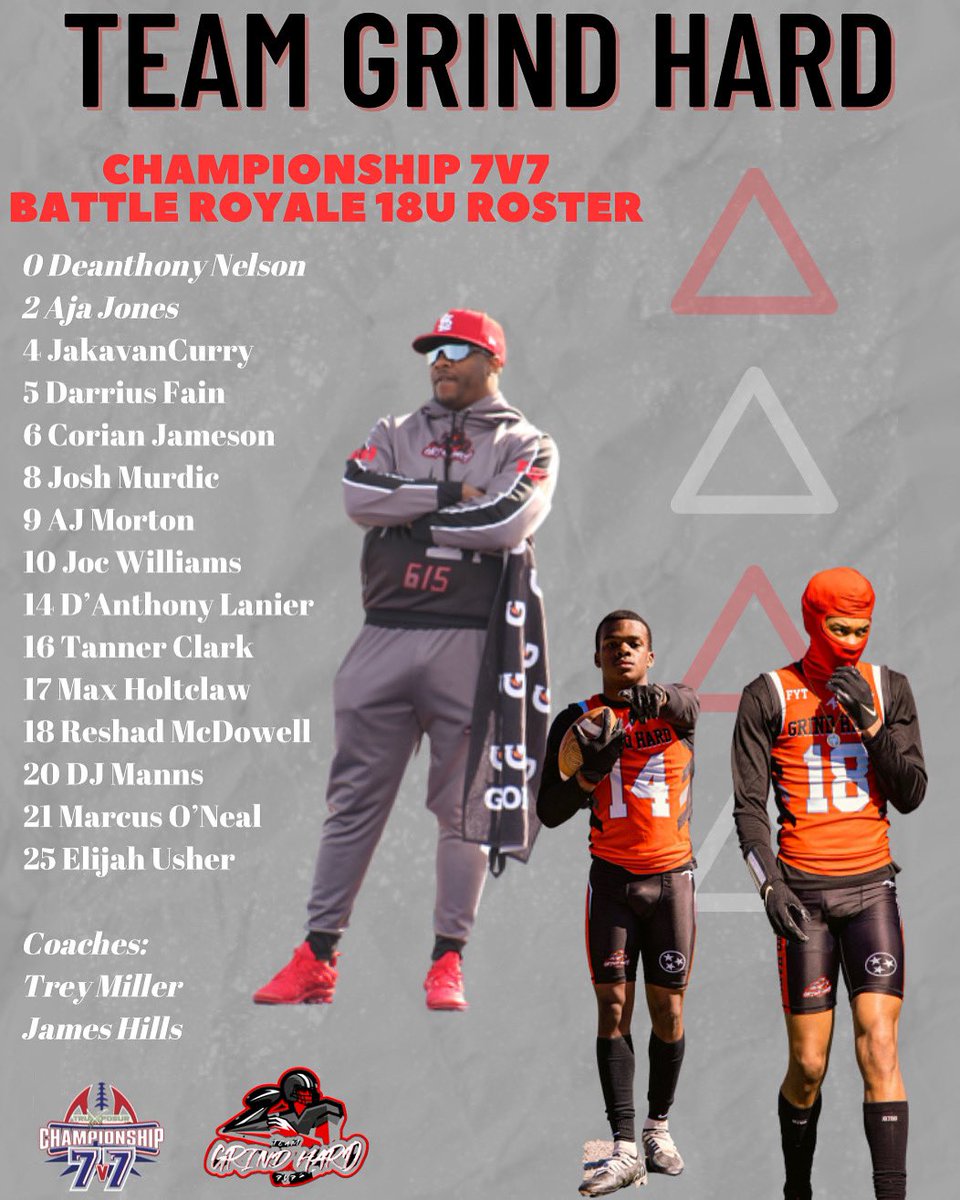 TGH7v7's tweet photo. Our 2023/SZN 4 @TruXposur @Championship7v7 Battle Royale National Championship Tournament 18U roster. This group as battled all year and poised to compete for a 🏆 this weekend in TX. 

#GrindHard
#FYT https://t.co/vEfjzsdbG3