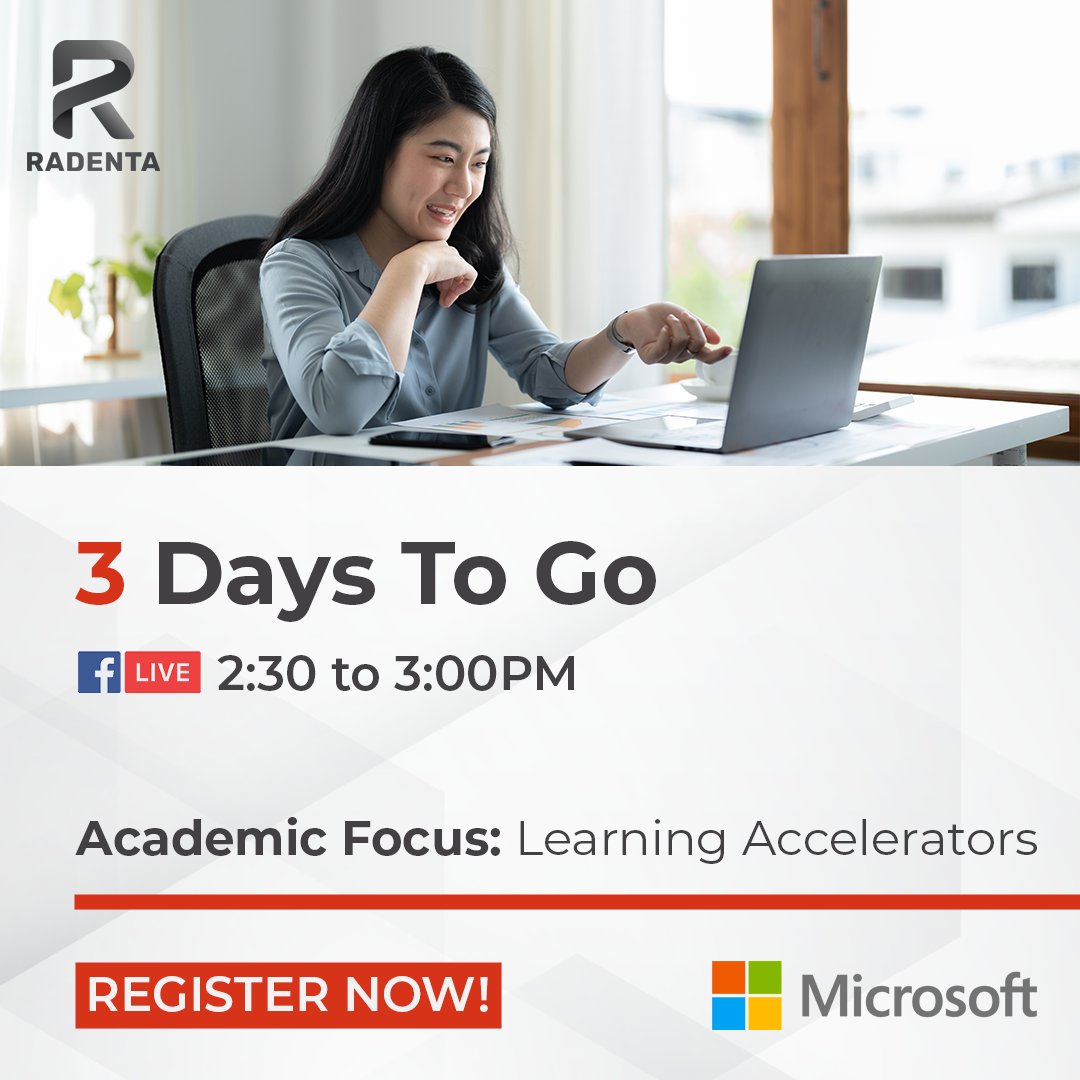 radentaPH's tweet image. Our highly anticipated weekly webinar #AcademicFocus is just 3 days away! 🤗

Set your alarms and register now!
📌 Register here  bit.ly/EDUCBlitz
📌 Watch here  fb.me/e/P8hRgWbC

#RadentaTechnologies #LearningAccelerators #AcademicFocus #3DaysToGo #Microsoft