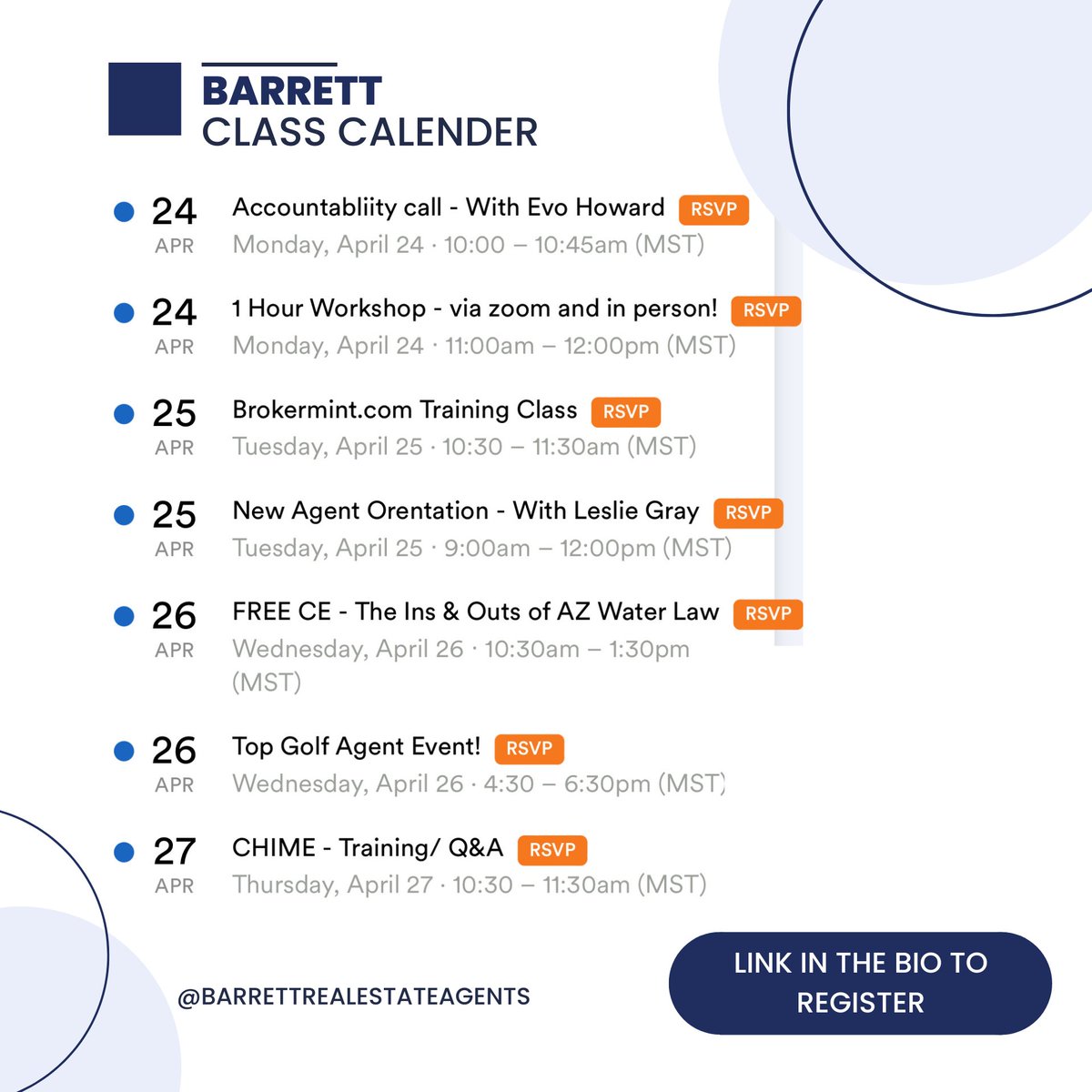 Barrettagents's tweet image. Exciting week ahead! We have a full lineup of classes next week, make sure to sign up for the CE class and also be sure to come to top golf all agents are welcome!! Let&apos;s go! 📚💼💪 #classschedule #newclass #finance101 #educationmatters