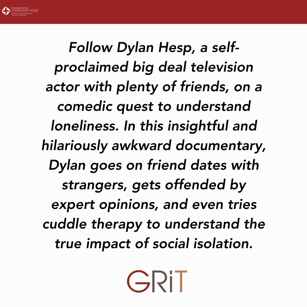 Introducing the first of 11 films to screen at our #GRIT Tasmanian Spirit on Screen premiere this Saturday April 29th!
ALONE TOGETHER - documentary/comedy. Directed by @DylanHesp .
Tickets: eventbrite.com.au/.../grit-tasma…...
Supported with the assistance of the Tasmanian Community Fund.