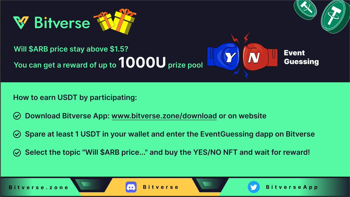 BitverseApp's tweet photo. Will $ARB stay above $1.5?
๐ฎGuess on #Bitverse App to earn up to 1000U prize pool!
Turn prediction into commission
๐ท Also get 100% free-mint random rare NFT!
Play with a click๐
https://t.co/BROA6TbEMr
#Arbitrum #ARB #crypto #Web3 #eventguessing #Prediction #NFTs https://t.co/7yR69pyI6j