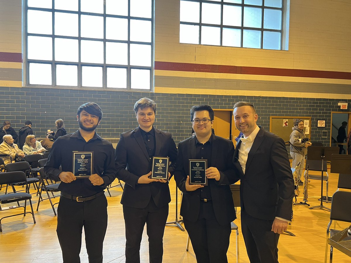 SXU_Bands's tweet photo. Congratulations to our wind ensemble on an extraordinary final concert of the semester! A special shout out to our 2022-2023 award winners (L-R) Marco Martinez, Chris Butnariu, and Jose Del Castillo! https://t.co/29ch98tSyB
