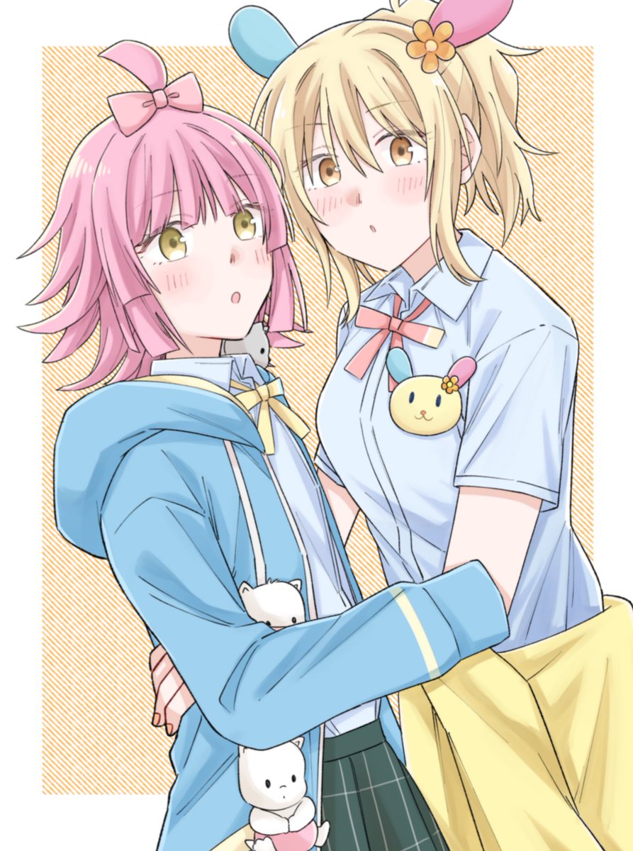 tennouji rina multiple girls 2girls pink hair yellow eyes hood blonde hair school uniform  illustration images