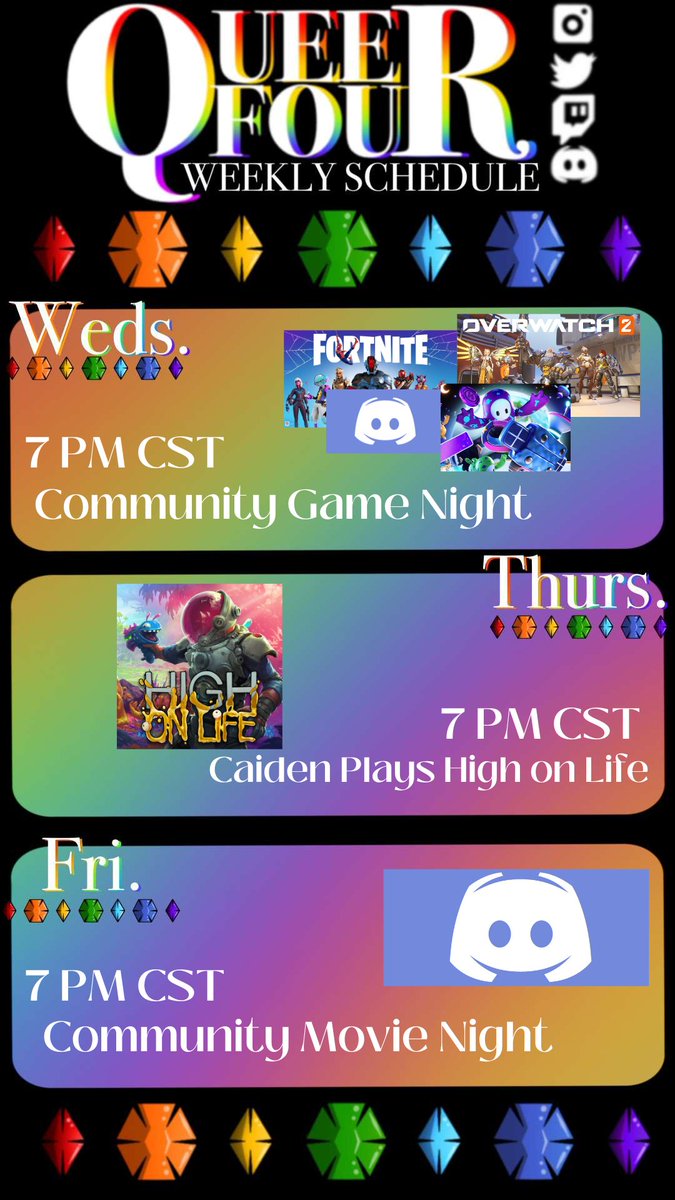 queerfour's tweet photo. Tis our last community week before our break, so please come play games and create ghaos with us tonight! Tomorrow, you already know, CJ will be High on Life. And Friday, we'll be in our discord watching movies together. A week to enjoy with your pals <3 https://t.co/1j2CAscC3S